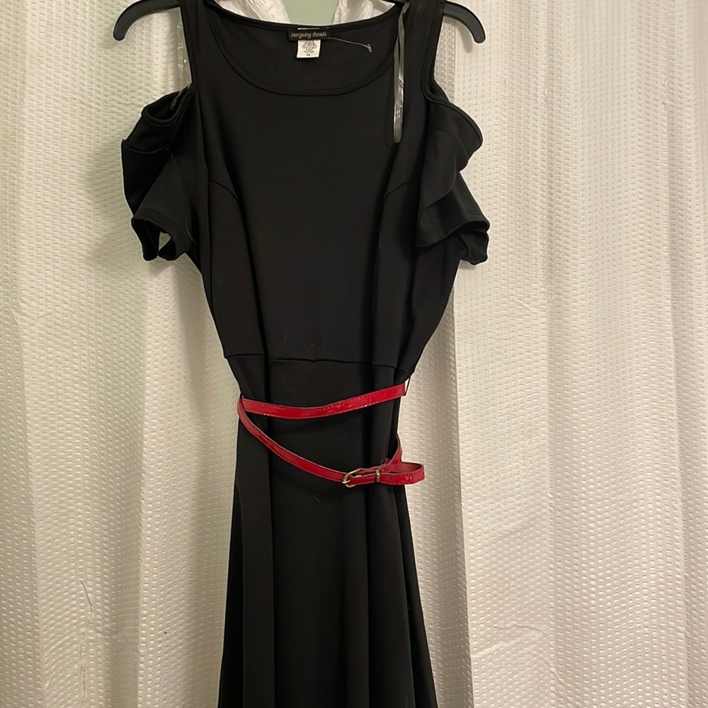Black cold shoulder dress with red belt